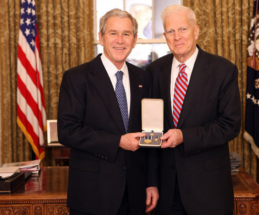 President George W. Bush stands with James Billington after presenting him with the 2008 Presidential Citizens Medal Wednesday, Dec. 10, 2008, in the Oval Office of the White House. White House photo by Chris Greenberg