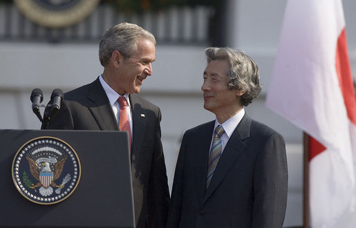 "The friendship between our two nations is based on common values," said President Bush in his remarks during the official arrival ceremony for Prime Minister Junichiro Koizumi of Japan Thursday, June 29, 2006. "These values include democracy, free enterprise, and a deep and abiding respect for human rights." White House photo by Paul Morse