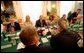 President George W. Bush meets with President Heinz Fischer of Austria, right foreground, Wednesday, June 21, 2006, at the Hofburg Palace in Vienna. Joining the President are, from left: Chief of Staff Joshua Bolten; Susan McCaw, U.S. Ambassador to Austria; Secretary of State Condoleezza Rice; Steve Hadley, National Security Adviser, and White House Press Secretary Tony Snow. White House photo by Eric Draper