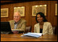 Vice President Dick Cheney and Secretary of State Condoleezza Rice smile while participating in a video teleconference from Camp David, Md. with President Bush and Iraqi Prime Minister Nouri al-Maliki in Baghdad, Tuesday, June 13, 2006. White House photo by David Bohrer