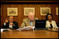 Vice President Dick Cheney is seated with Secretary of State Condoleezza Rice and Secretary of Defense Donald Rumsfeld as they participate in a video teleconference from Camp David, Md., Tuesday, June 13, 2006 with President Bush and Iraqi Prime Minister Nouri al-Maliki in Baghdad. White House photo by David Bohrer