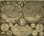 The planisphere map engraved by Luigi Rosaccio, c. 1610. The author has placed the letters of the name of his Medici patron, Cosimo, on the six balls of the Medici arms with representation of the Arctic (with a presumed northern continent), the Antarctic, and the four continents then known. Below is the Ptolemaic world map. [34]
