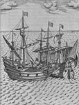 An engraving of the battle between Drake's 

Golden Hind and the Spanish ship called caca fogo, from levinus hulsius, 1626. [41]