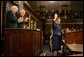 President Vaira Vike-Freiberga of Latvia acknowledges the applause of Vice President Dick Cheney, House Speaker Dennis Hastert and members of Congress, Wednesday, June 7, 2006, after an address to a Joint Meeting of Congress held in her honor at the U.S. Capitol in Washington. White House photo by David Bohrer