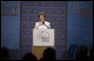 Mrs. Laura Bush delivers remarks during the International Republican Institute's 2006 Freedom Award dinner in Washington, D.C., Thursday, September 21, 2006. Mrs. Bush and Ellen Johnson Sirleaf, President of Liberia, were presented the 2006 Freedom Award which recognizes their work in encouraging women to participate in democratic process. White House photo by Shealah Craighead