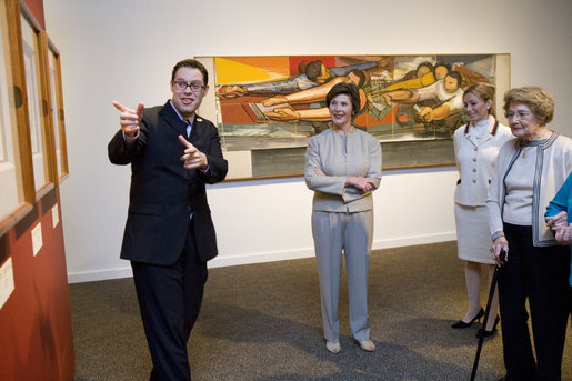 Mrs. Laura Bush and her mother, Jenna Welch, far right, are guided by Mr. Alfonso Miranda Márquez, far left, and Ms. Pilar O’Leary, center, on a tour of the exhibit, "Myths, Mortals, and Immortals: Works from Museo Soumaya de Mexico," at the Smithsonian International Gallery in Washington, D.C., Friday, Sept. 15, 2006. September 15 marks the first day of Hispanic Heritage Month. White House photo by Shealah Craighead