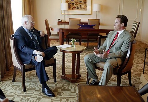 Vice President Dick Cheney talks with California Governor Arnold Schwarzenegger in Los Angeles, Calif., Jan. 14, 2004. White House photo by David Bohrer