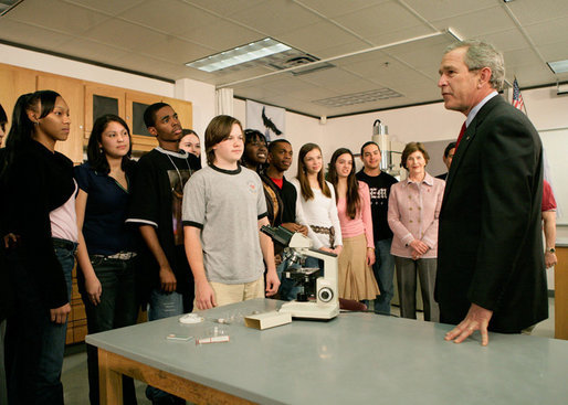 President George W. Bush speaks with science and engineering students after touring the Yvonne A. Ewell Townview Magnet Center in Dallas, Texas, Friday, Feb. 3, 2006. White House photo by Eric Draper