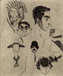 Caricature etching with studies of Charlie Chaplin, Patsy Kelly, Eddie Cantor, William. S. Hart, John Barrymore, and others