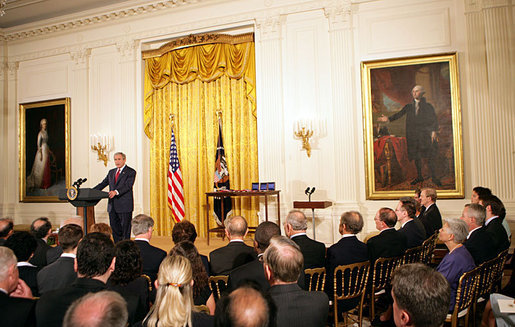 President George W. Bush speaks during a ceremony honoring recipients of the 2005 and 2006 National Medals of Science and Technology Friday, July 27, 2007, in the East Room. "Their discoveries have led to hopeful treatments for HIV/AIDS, new vaccines to prevent childhood illnesses, safer drinking water around the world," said the President. "Innovations are responsible for the CD players in our homes, the guardrails on our highways, the stealth fighters in our Air Force. Their breakthroughs have helped make it possible for burn victims to heal with fewer scars, and older people to hear more clearly, businesses to e-mail documents around the world, and doctors to administer medicine without needles." White House photo by Eric Draper