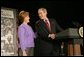 President George W. Bush and Laura Bush laugh as he introduces her during her remarks on Helping America's Youth at the Community College of Allegheny County in Pittsburgh Monday, March 7, 2005. White House photo by Susan Sterner