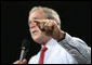 President George W. Bush gestures to make a point during his remarks to an audience at the John Q. Hammons Convention Center in Rogers, Ark., Monday, Oct. 15, 2007, urging Congress to be fiscally responsible with the taxpayer’s money. White House photo by Eric Draper