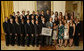 President George W. Bush stands with members of the Ohio State University Men's and Women's Fencing Team at the White House on Tuesday, June 24, 2008, during the visit of the 2007 and 2008 NCAA Sports Champions. White House photo by Eric Draper