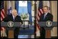 President George W. Bush and Israeli Prime Minister Ariel Sharon during a press conference in the Cross Hall of the White House on April 14, 2004. White House photo by Paul Morse.