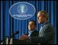 President George W. Bush and President Hosni Mubarak of Egypt discuss peace in the Middle East during a joint press conference at the President's ranch in Texas Monday, April 12, 2004. White House photo by Eric Draper.