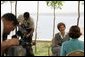 Laura Bush participates in an interview with Neda Ramahi of Jordanian television and radio at the Dead Sea in Jordan Saturday, May 21, 2005. White House photo by Krisanne Johnson