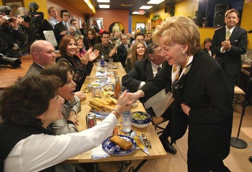Lynne Cheney greets customers at El Burrito Mercado, a grocery store and cafeteria in the heart of St. Paul's Latino commercial district, in St. Paul, Minn., Monday, Feb. 23, 2004. White House photo by David Bohrer.