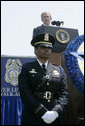 President George W. Bush addresses his remarks at the annual Peace Officers' Memorial Service outside the U.S. Capitol Tuesday, May 15, 2007, paying tribute to law enforcement officers who were killed in the line of duty during the previous year and their families. White House photo by Joyce Boghosian