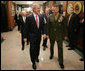 President George W. Bush is welcomed to the Pentagon by Joint Chiefs Chairman Gen. Peter Pace Thursday, May 10, 2007 in Arlington, Va., where President Bush met with U.S. Defense Secretary Robert Gates and members of the Joint Chiefs of Staff. White House photo by Eric Draper