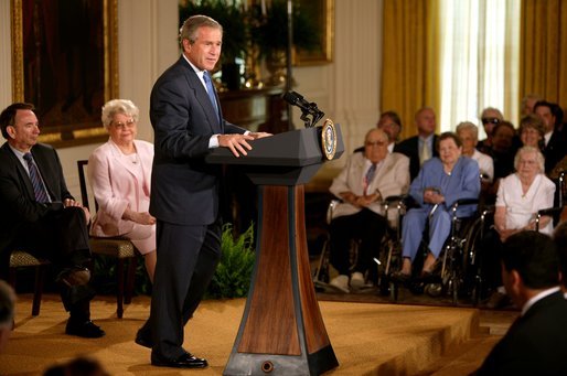 President George W. Bush makes remarks on the 38th anniversary of Medicare in the East Room Wednesday, July 30, 2003. "The 38th anniversary of Medicare is a time for action. The purpose of the Medicare system is to deliver modern medicine to America's seniors. That's the purpose. And in the 21st century, delivering modern medicine requires coverage for prescription drugs," President Bush said. White House photo by Paul Morse