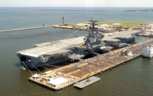 Thousands of people gathered at the Norfolk Naval Station in Norfolk, Va., to celebrate the commissioning of the USS Ronald Reagan, the U.S. Navy’s newest nuclear-powered aircraft carrier, July 12, 2003.  White House photo by David Bohrer.