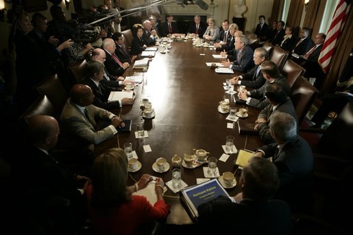 President George W. Bush gestures as he speaks to members of the Homeland Security Council Monday, Sept. 19, 2005, in the Cabinet Room of the White House. White House photo by Eric Draper