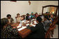 Mrs. Laura Bush participates in a roundtable discussion with faith-based HIV/AIDS Prevention Program graduates Sunday, Feb. 17, 2008, at Karimjee Hall in Dar es Salaam, Tanzania. Mrs. Bush reconfirmed America’s commitment to the Tanzanian people and their continued efforts against HIV/AIDS. At left is Mrs. Salma Kikwete, First Lady of Tanzania. White House photo by Shealah Craighead