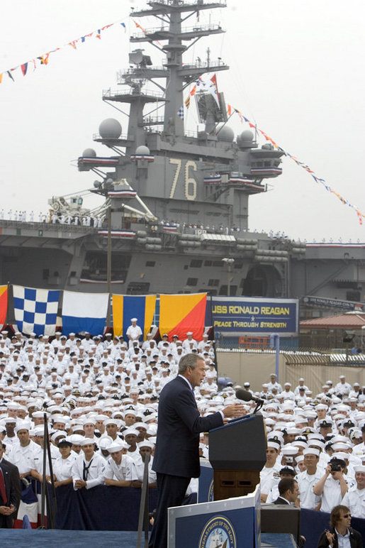 President George W. Bush speaks during a ceremony to commemorate the 60th anniversary of V-J Day at the Naval Air Station in San Diego, Calif., August 30, 2005. White House photo by Paul Morse