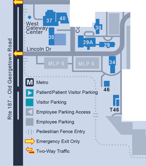 South West Blue Zone main evacuation exit is Center Drive