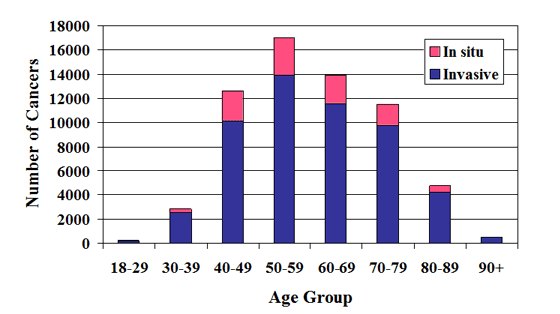 Bar graph titled: Number of Women Diagnosed with Breast Cancer in 1996-2006 by Age and Type of Disease