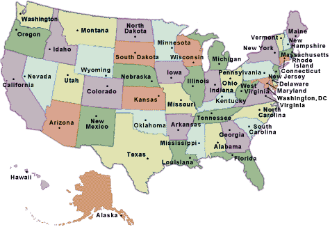 Map of US States. Alternate selection using the drop-down list.