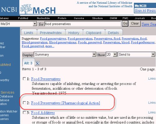 search of food preservatives in MeSH Database