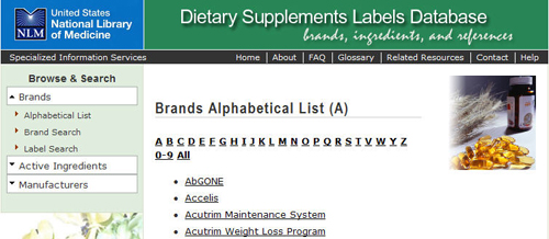An example of Browse Brand names by an alphabetical listing