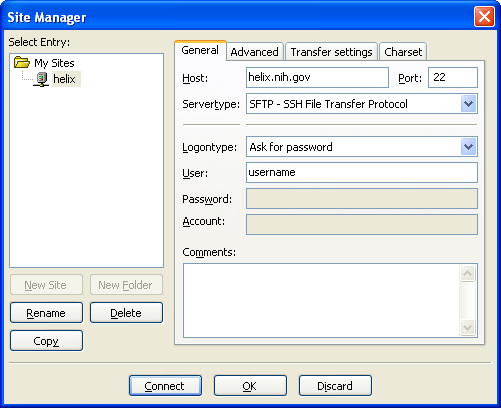 FileZilla Site Manager Panel