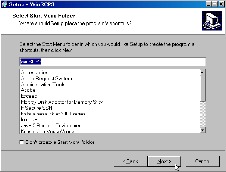 WinSCP Select Start Menu Folder