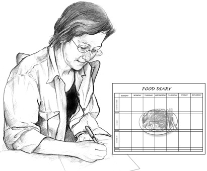 Ilustración de una mujer de mediana edad escribiendo en un registro de comidas. Un recuadro muestra que el registro de comidas tiene un calendario sobrepuesto sobre una imagen de un plato de comida.