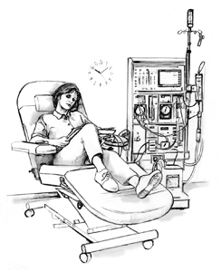 Drawing of a woman undergoing dialysis. She sits in a chair and is hooked up to the dialysis machine.