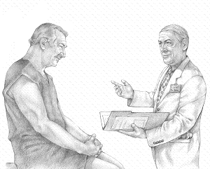 Drawing of Caucasian male patient on examining table with Caucasian male doctor