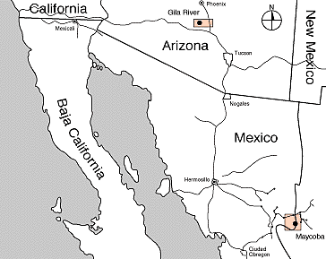 A map showing that Pima Indians live in a Gila River community in Arizona and in Maycoba, Mexico