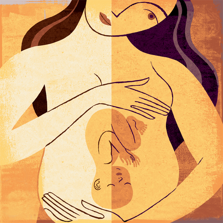 Artwork for Conference showing a pregnant woman with a darker and lighter half representing the choices she faces. 
