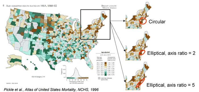 Examples of likely cluster of breast cancer mortality rates in the US