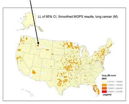 US map showing smoothed lung cancer mortality rates. An arrow indicates a region in Montana with an especially high rate.