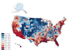 Map showing smoothed rates of lung cancer among white males, by US county. Regions are more broadly grouped.