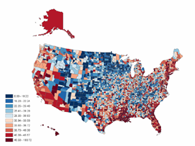 Map showing non-smoothed observed rates of lung cancer among white males, by US county. County borders are sharply delineated.