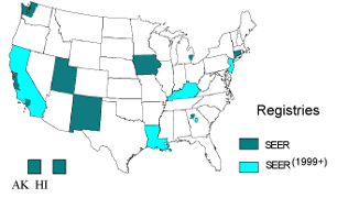 Map of SEER registry locations in the US