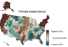 US map of smoothed predicted incidence rates for female breast cancer