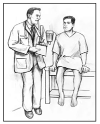 Drawing of a doctor talking with a male patient in an exam room. The doctor is standing. The male patient is dressed in an exam gown and has taken off his shoes and socks. The patient is sitting on an exam table.