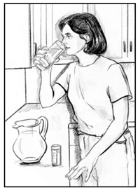 Drawing of a woman standing in front of a kitchen counter and drinking a glass of water.