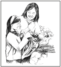 Drawing of a mother and daughter grocery shopping.
