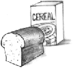 Illustration of loaf of bread and cereal box.